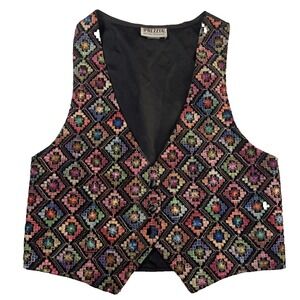 80s Prezzia Geometric Art Teacher Vest Womens L Multicolor Embroidered Boho USA